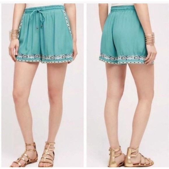 Anthropologie Hei Hei Women's Embroidered Isle Turquoise Drawstring Shorts XS - Picture 1 of 13